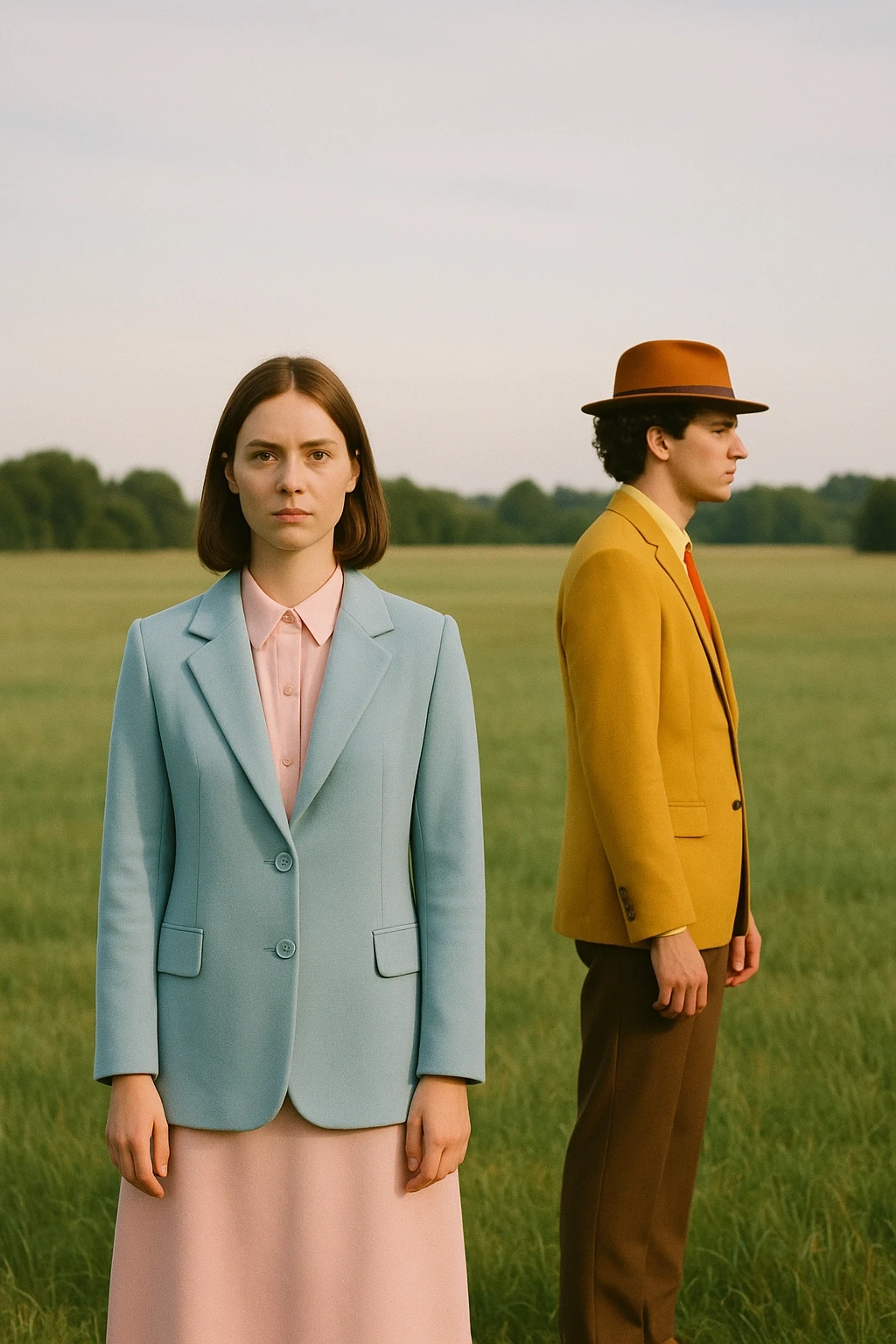 Two people in colorful suits standing in a grassy field.
