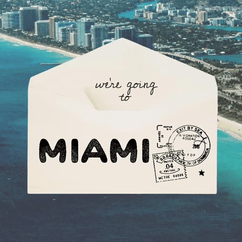 A graphic featuring the word "MIAMI" on a postcard-style background with an aerial view of a coastal city.