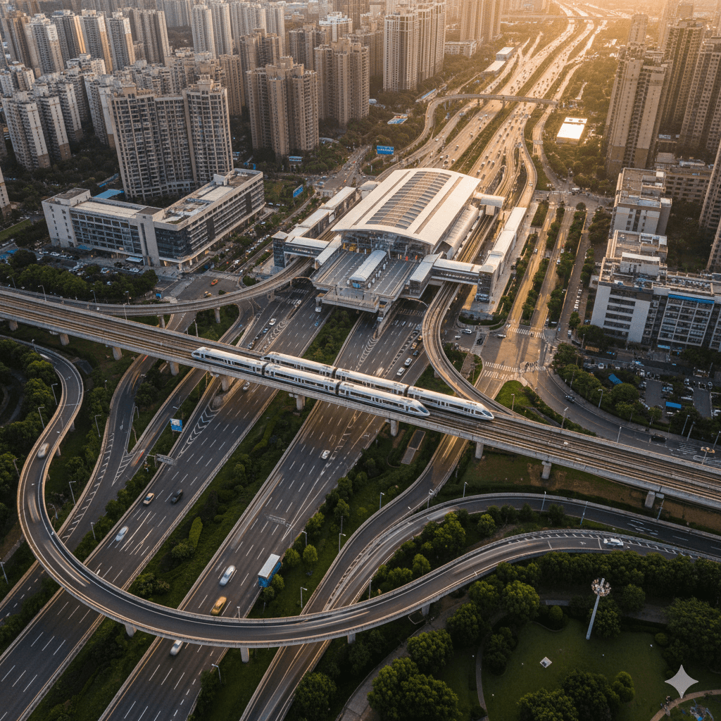 Aerial view of arterial road and modern metro line connectivity