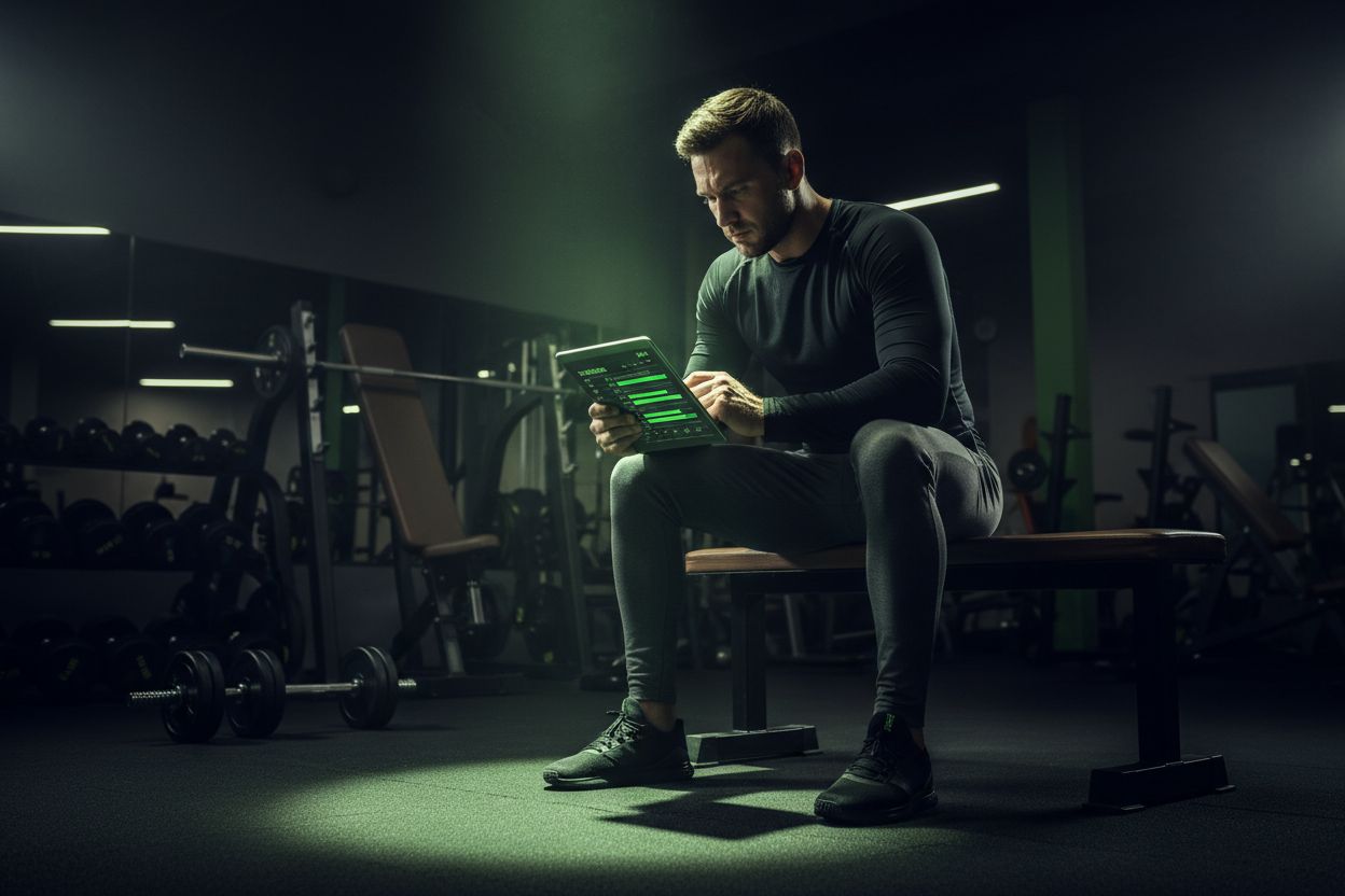 Person reviewing a workout log in the gym