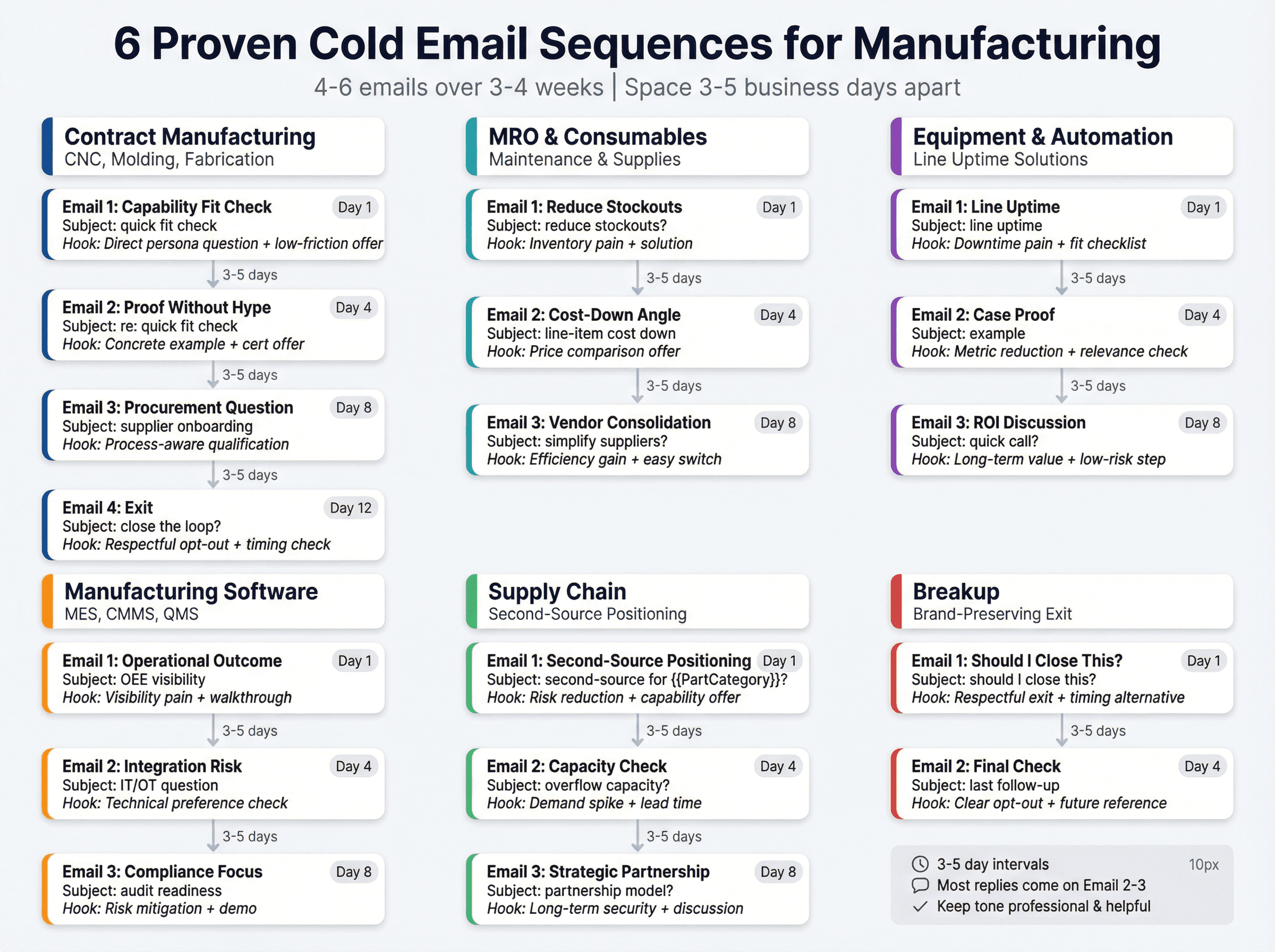 Comprehensive flowchart showing 6 proven cold email sequences for manufacturing companies with timing, purpose, and progression