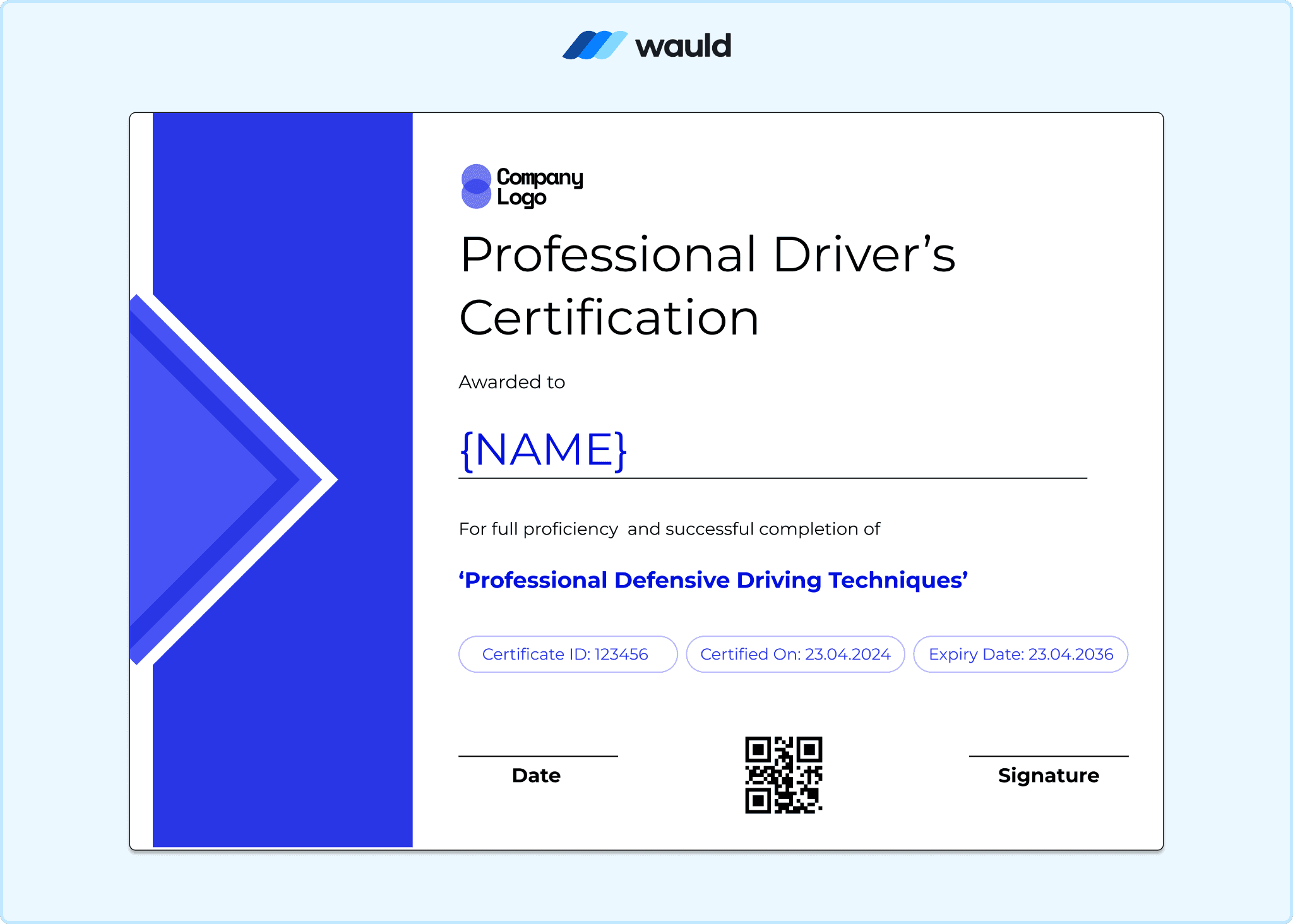 Professional driver's certification template with bold blue and red geometric shapes, recipient name field, certificate ID, course dates, expiry date, QR code, and signature line