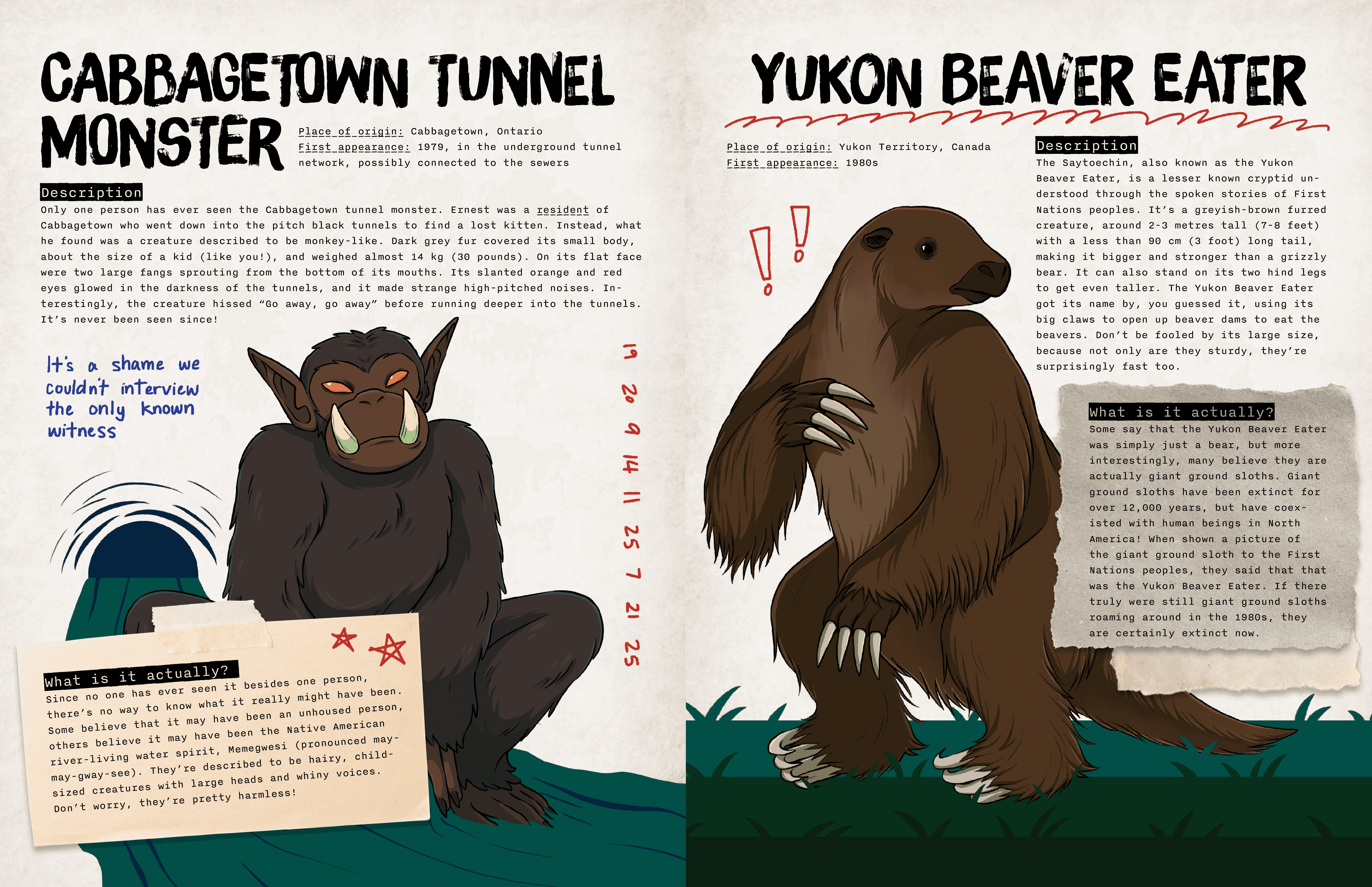 Two pages of the activity book. Left is an info page about the cabbagetown tunnel monster, right is an info page about the Yukon beaver eater