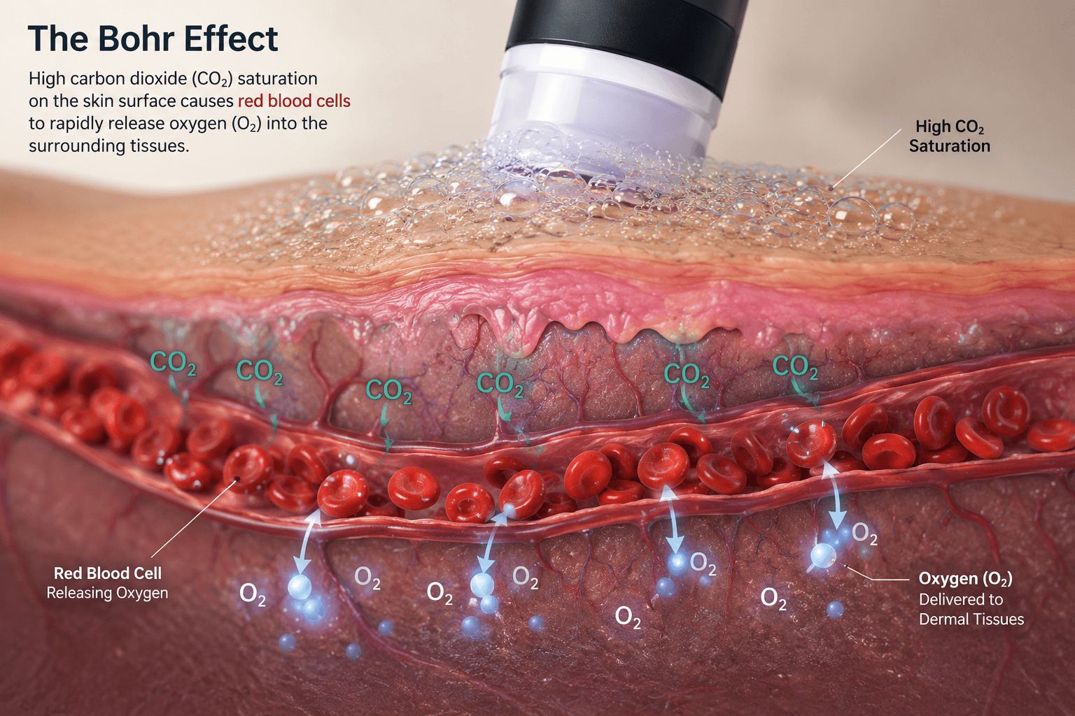 A 3D medical graphic illustrating the Bohr Effect: high carbon dioxide saturation on the skin surface causing red blood cells to rapidly release oxygen molecules into the surrounding dermal tissues below.