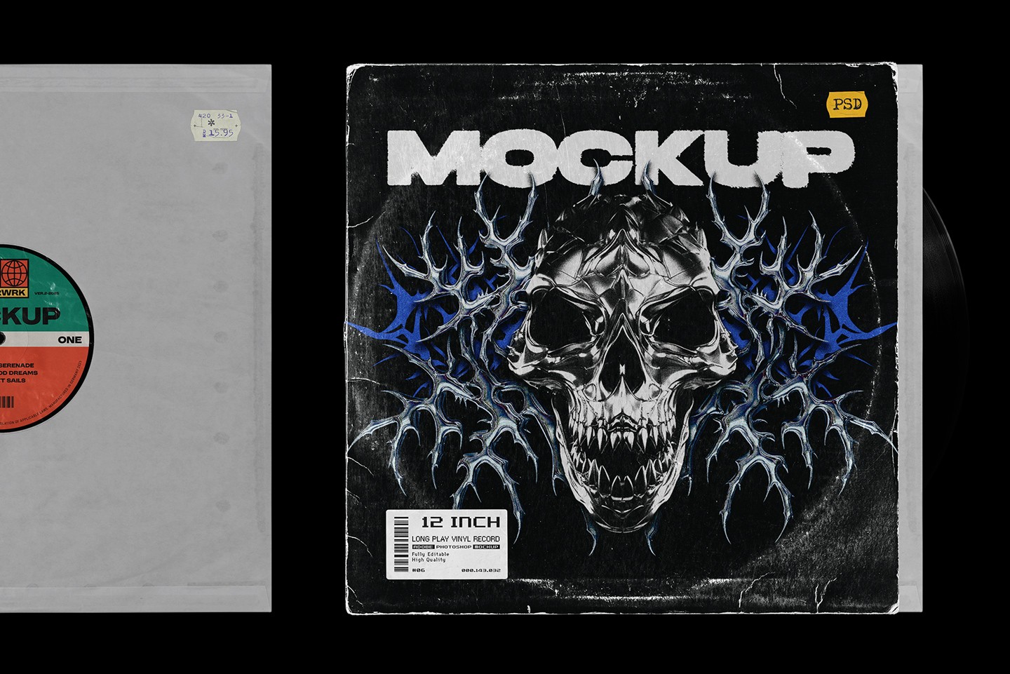 Vinyl record mockup inner sleeve with editable cover and visible vinyl record