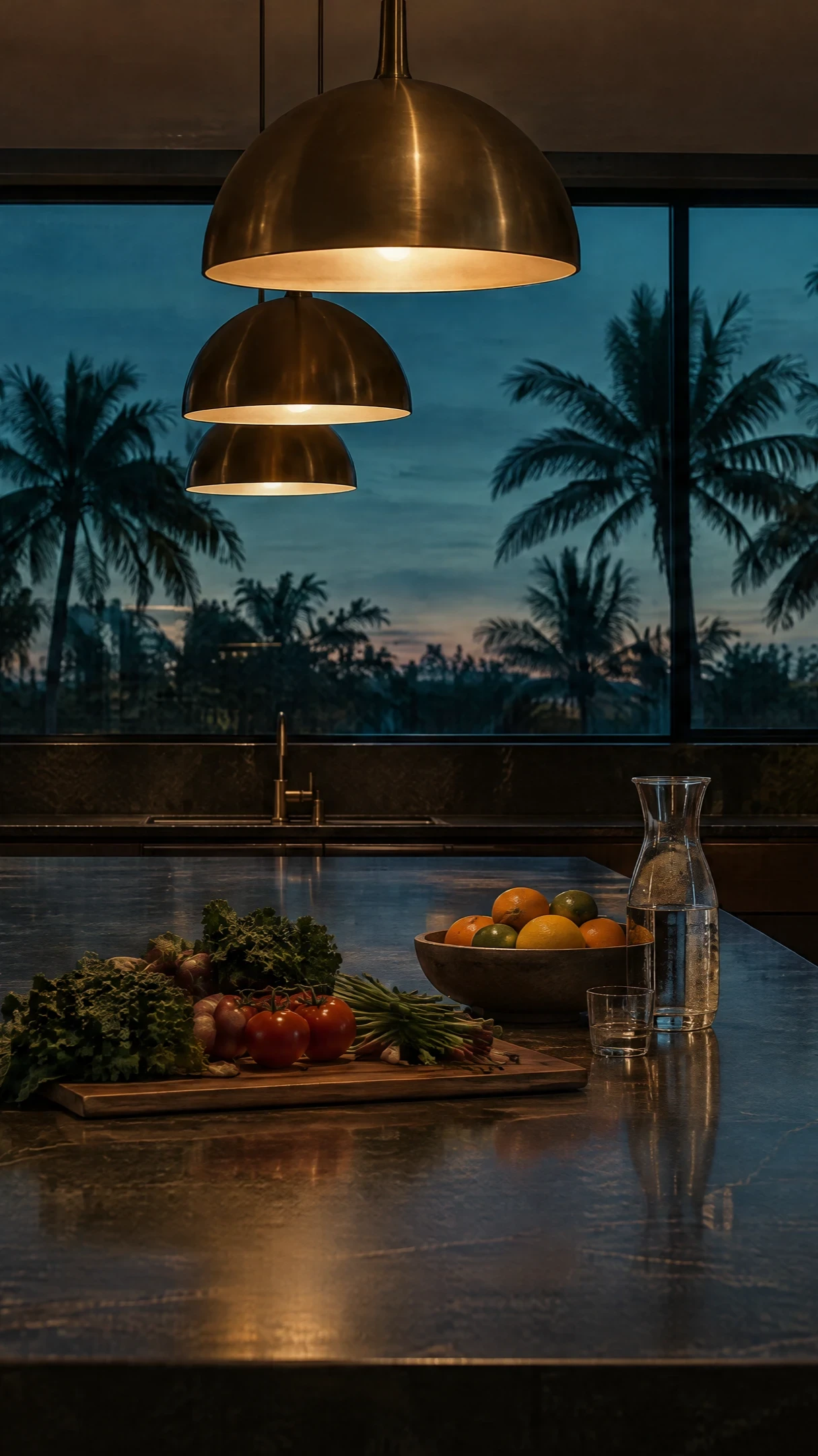 Kitchen island set with fresh food beneath pendant lights
