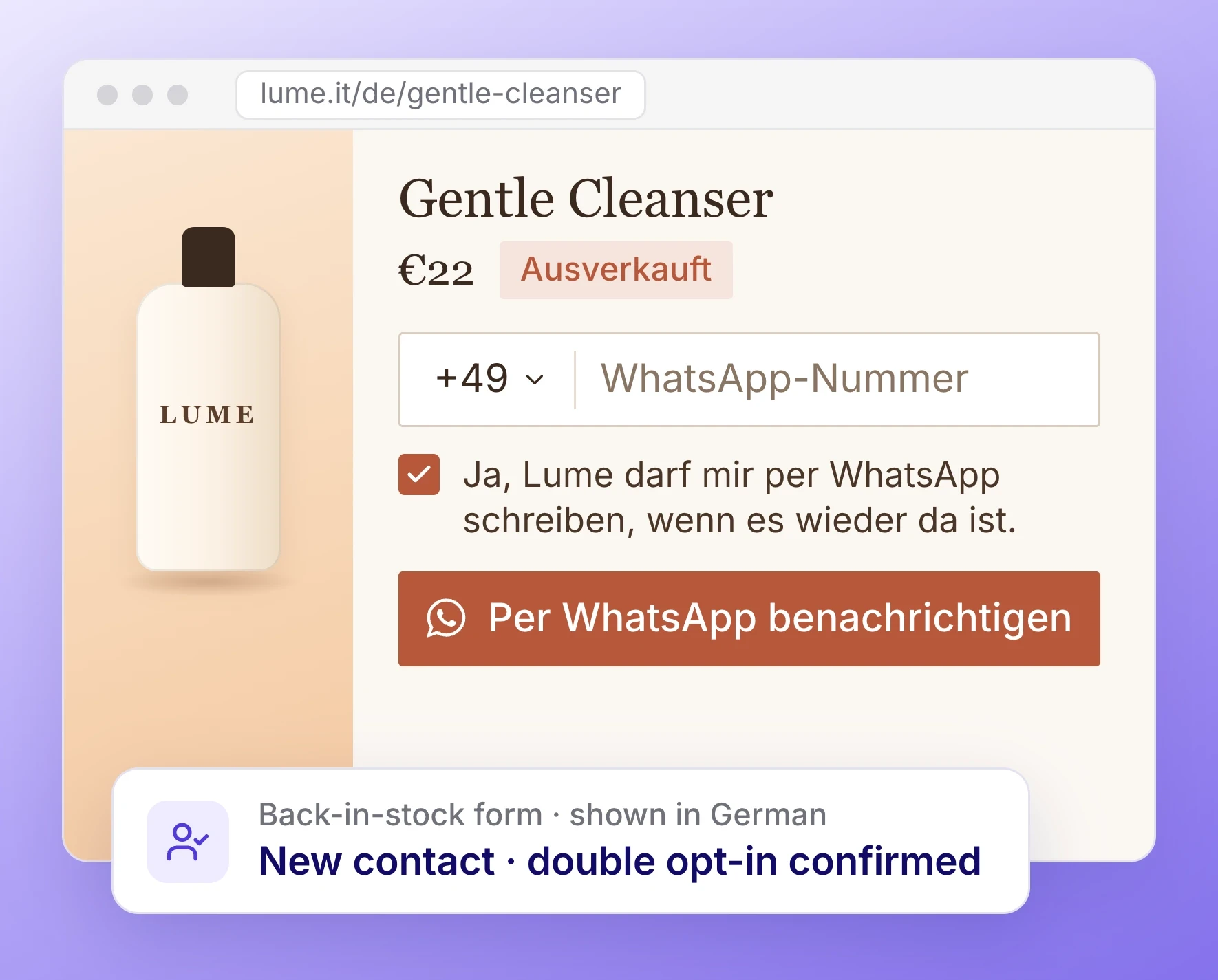 Back-in-stock WhatsApp sign-up shown in German