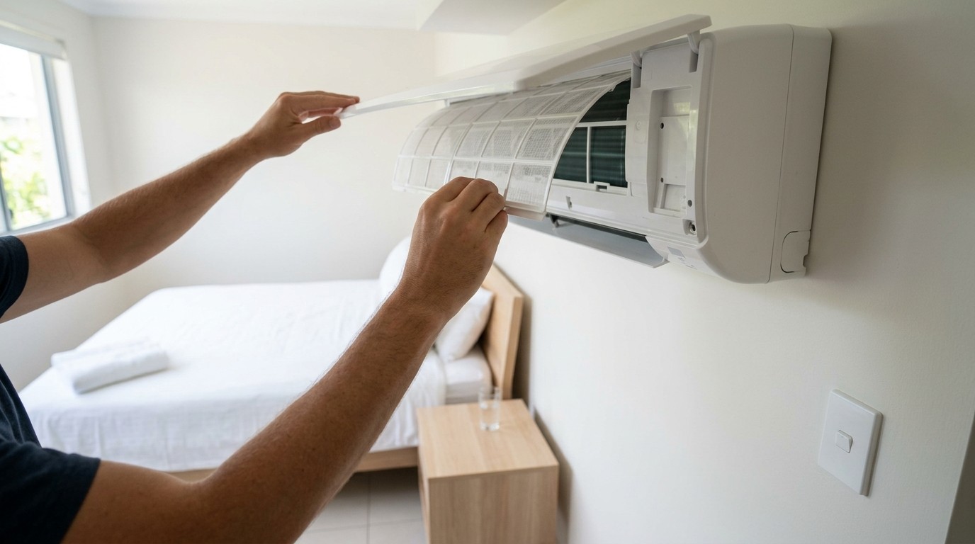 A pair of hands drawing the filter screen out of a wall-mounted air conditioner in a freshly made-up bedroom.