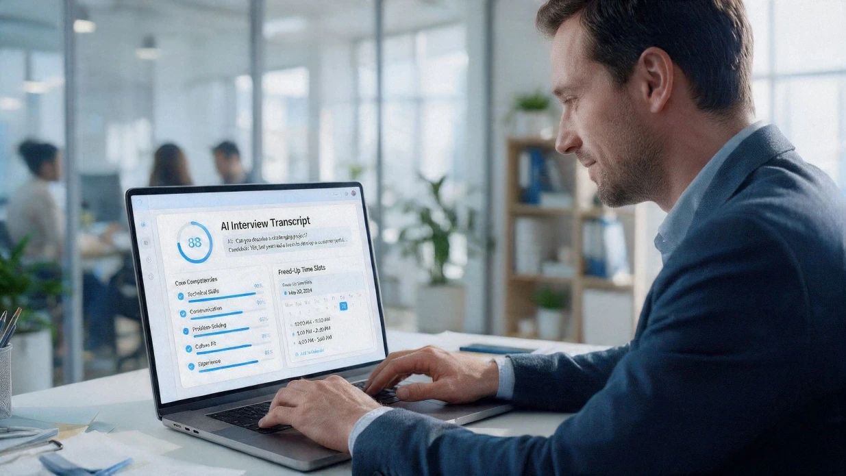 Hiring manager reviewing an AI interview transcript and candidate evaluation dashboard with competency scores and freed-up calendar time on a laptop