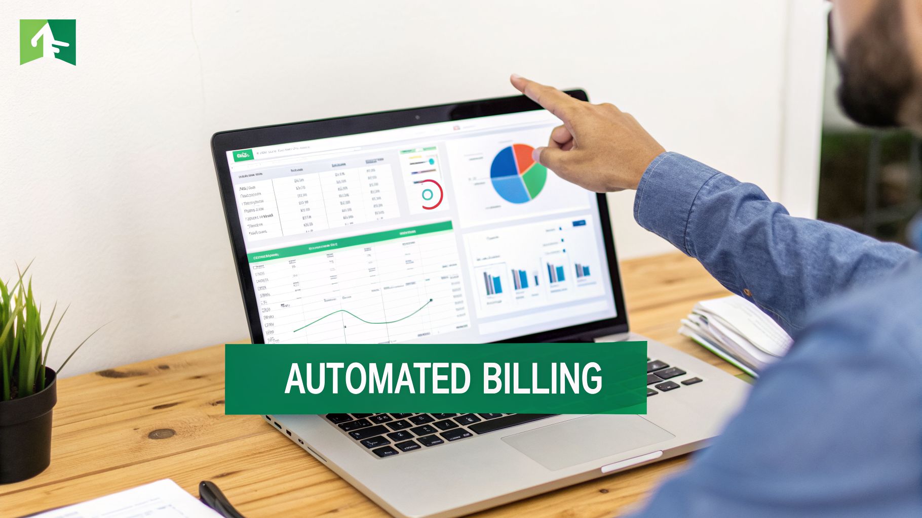 A man's hand points at a laptop screen displaying financial charts and 