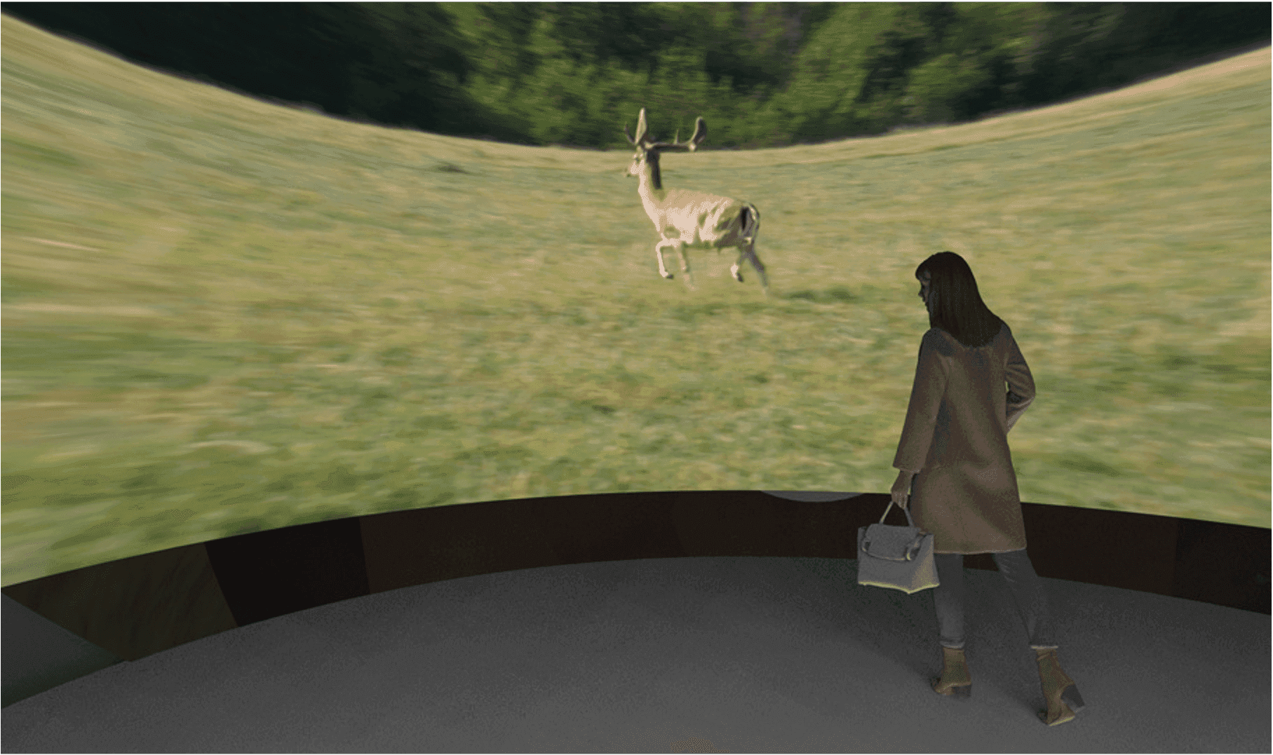 User experiencing a simulated nature environment inside the immersive capsule