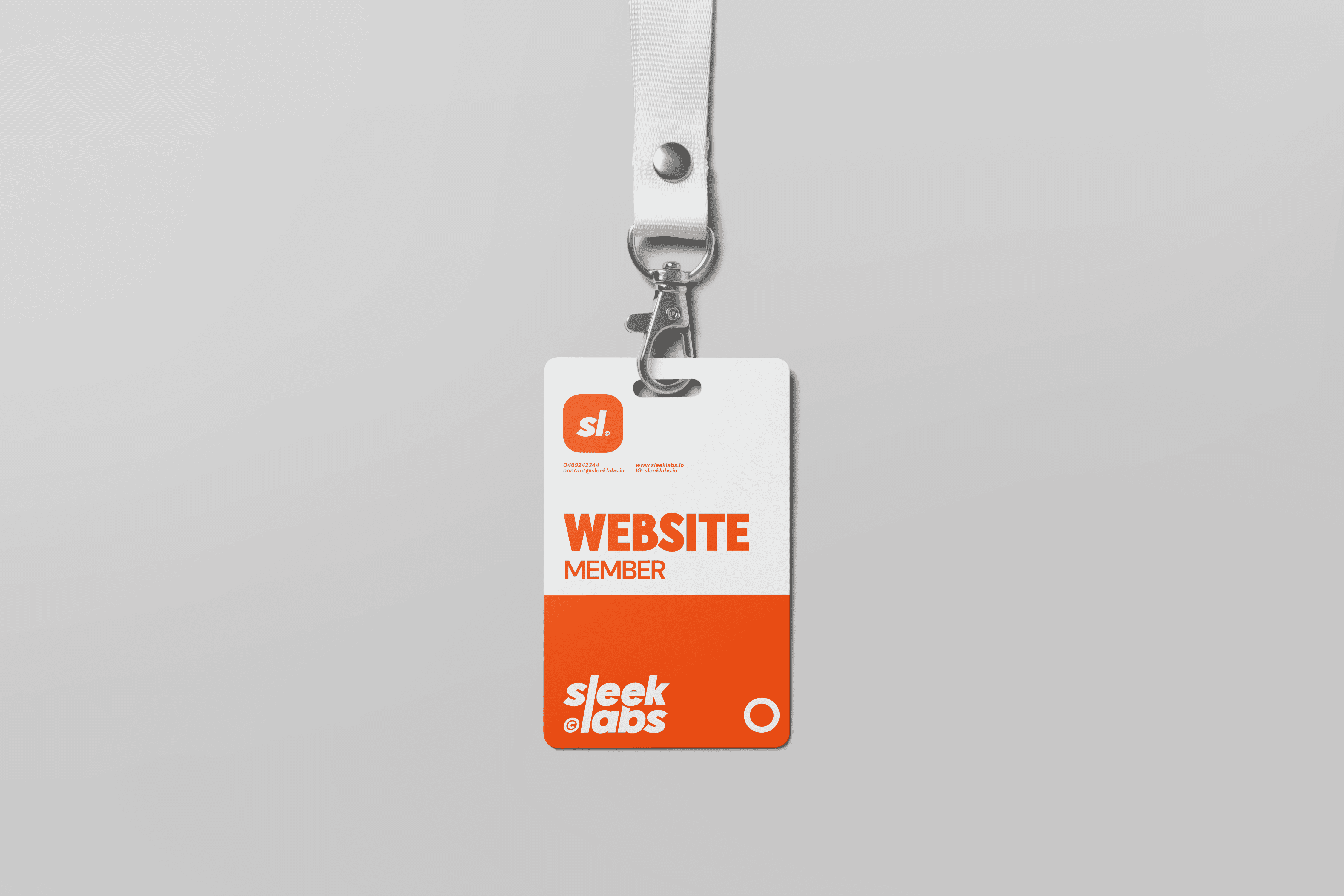 Sleeklabs website member badge mockup in white and orange design, showcasing modern branding for web design and creative agency services