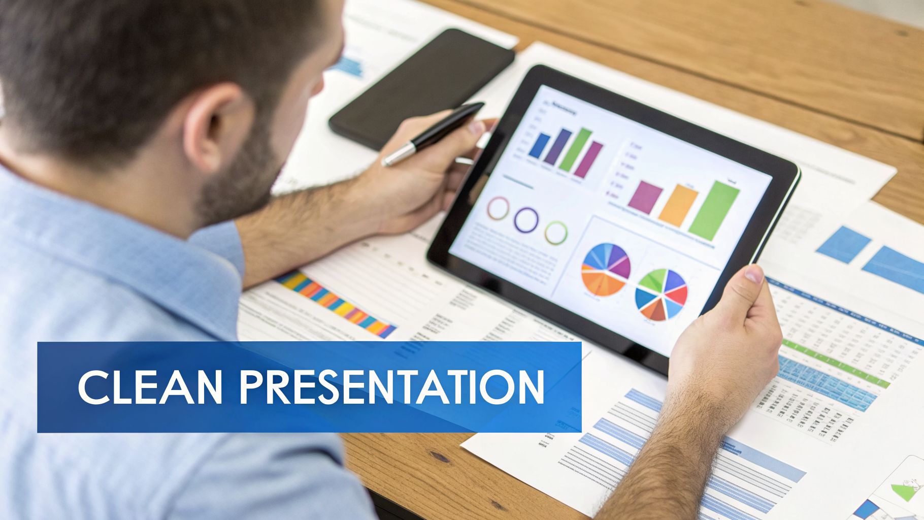 A person views business charts and data on a tablet, surrounded by documents on a desk.
