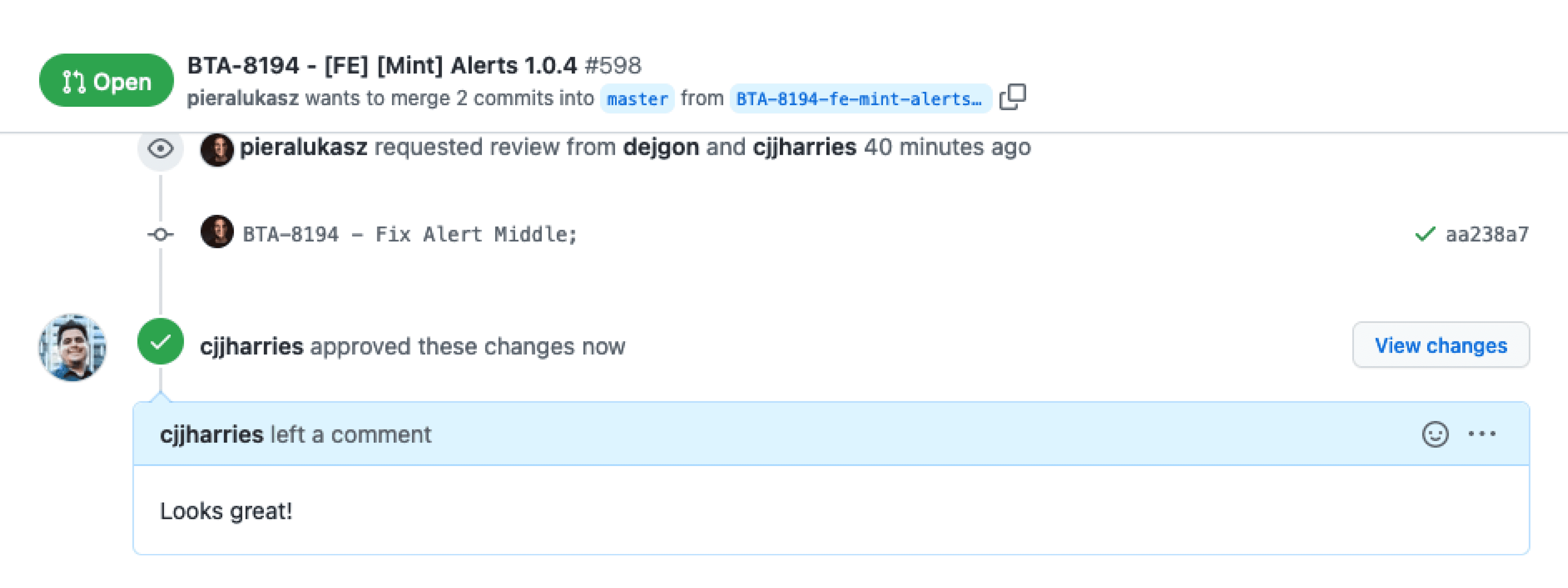 Screenshot of me approving a pull request of an alert component being created.