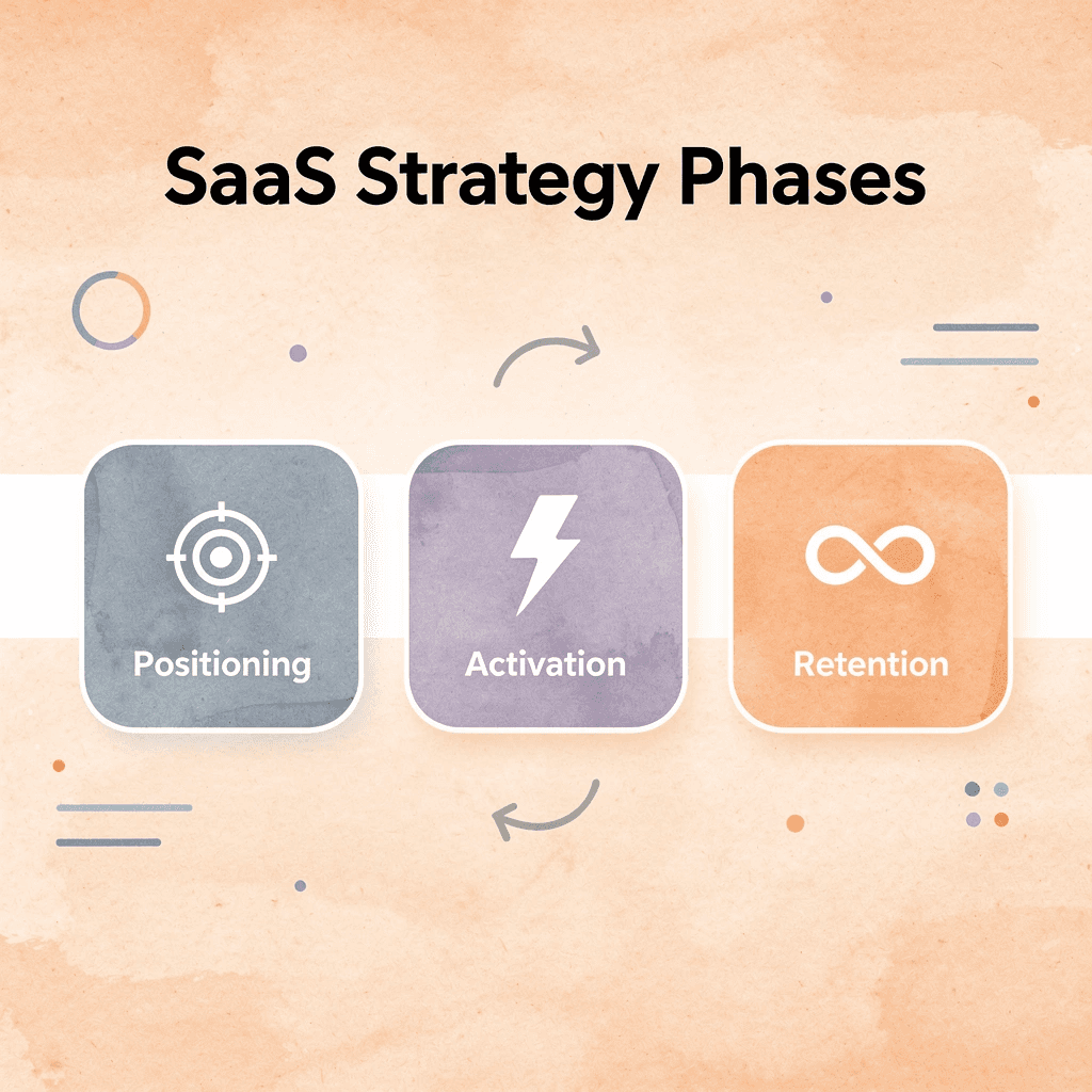 Process flow showing three phases of SaaS marketing strategy