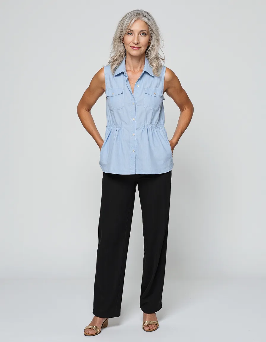 Professional fashion portrait featuring a light blue sleeveless blouse and black trousers against a clean white background