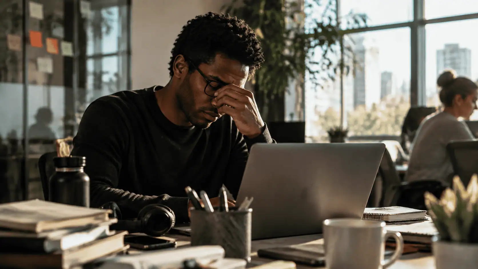 Homem trabalhando no escritório demonstra cansaço diante do notebook, representando os desafios da saúde mental no trabalho e o impacto da sobrecarga profissional.