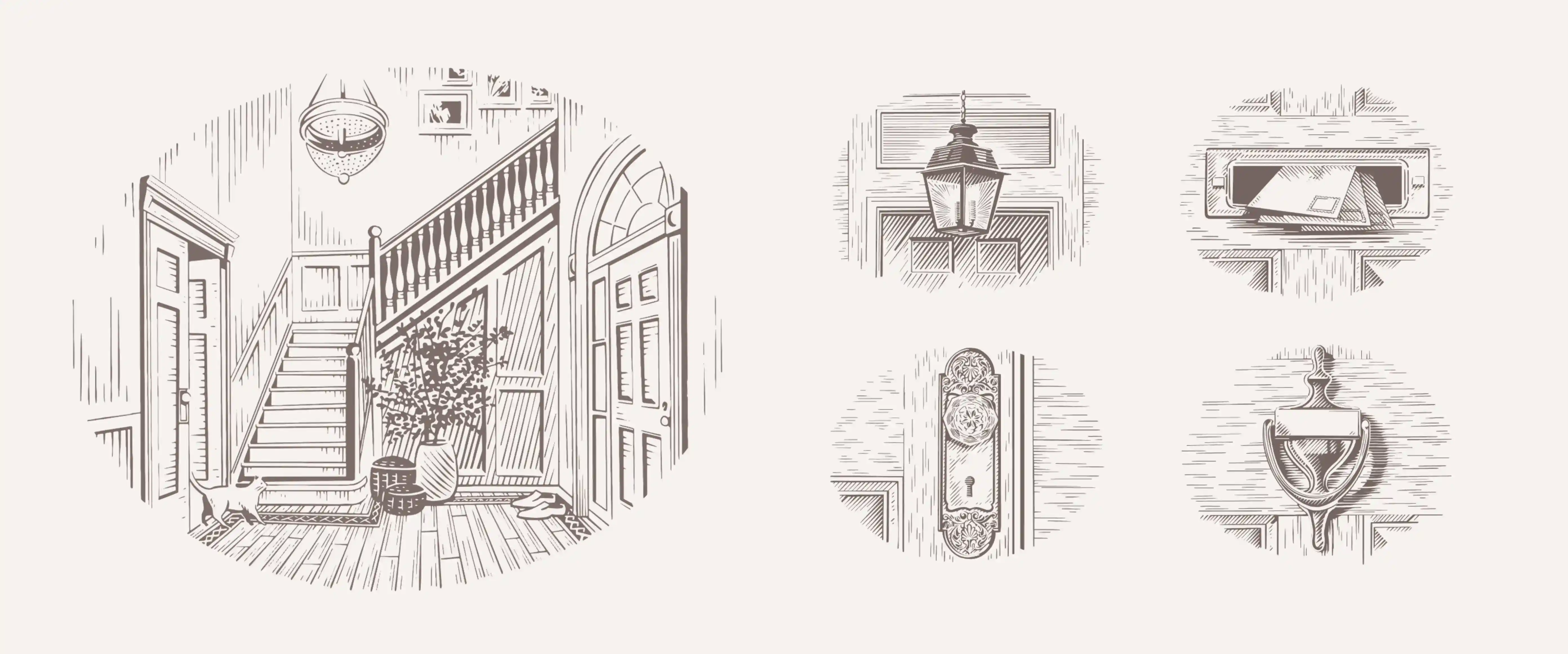 Sketches of a classic house entrance, hallway, and door details to symbolize Bellweather