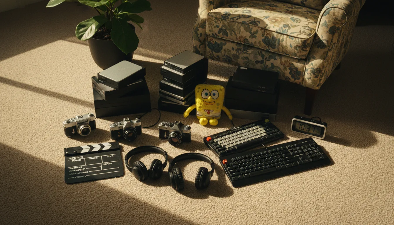 DSLR photo, high-angle top-down view of a chaotic and cluttered flat lay on a beige floor, representing a creative workspace. The scene is filled with a messy arrangement of video editing equipment and personal items: a miniature movie clapperboard, vintage film cameras, black headphones, several external hard drive boxes, two mechanical keyboards, a plush yellow cartoon sponge toy, and a digital clock. In the background, a potted plant and a floral-patterned armchair are partially visible. Harsh direct flash lighting creates deep shadows and cinematic contrast, with a warm color temperature. The photograph has a gritty, realistic texture with visible film grain and sharp focus throughout.