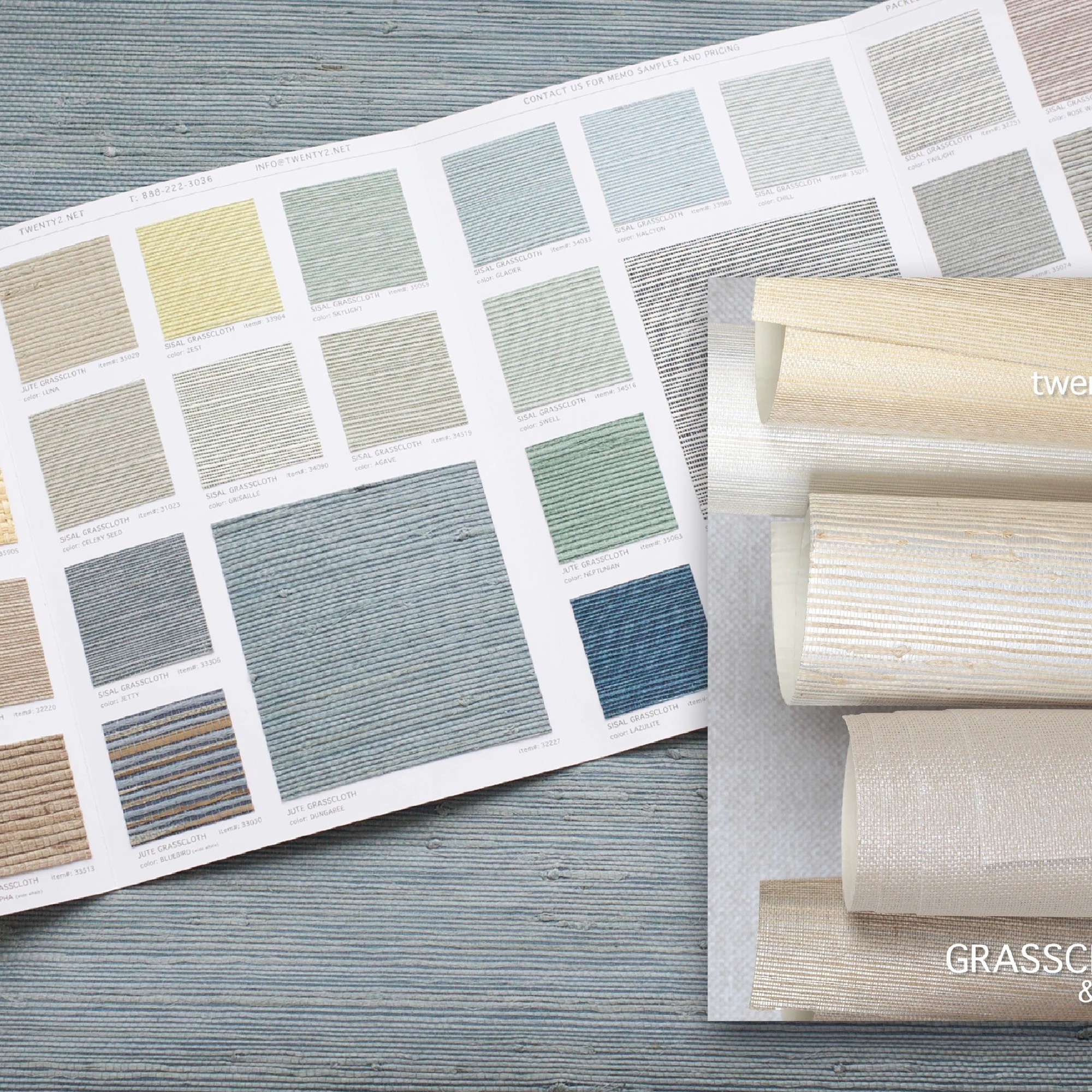 Catelog showing various swatches of naturally colored grass cloth wallcoverings.