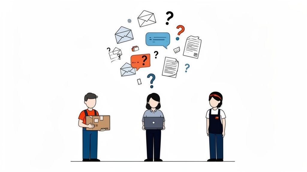 Three diverse workers face communication challenges with emails, documents, and chat icons floating above.