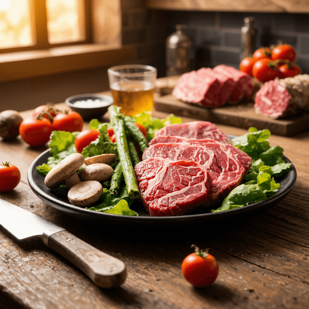 product photography of a plate of marbled beef slices with vegetables
