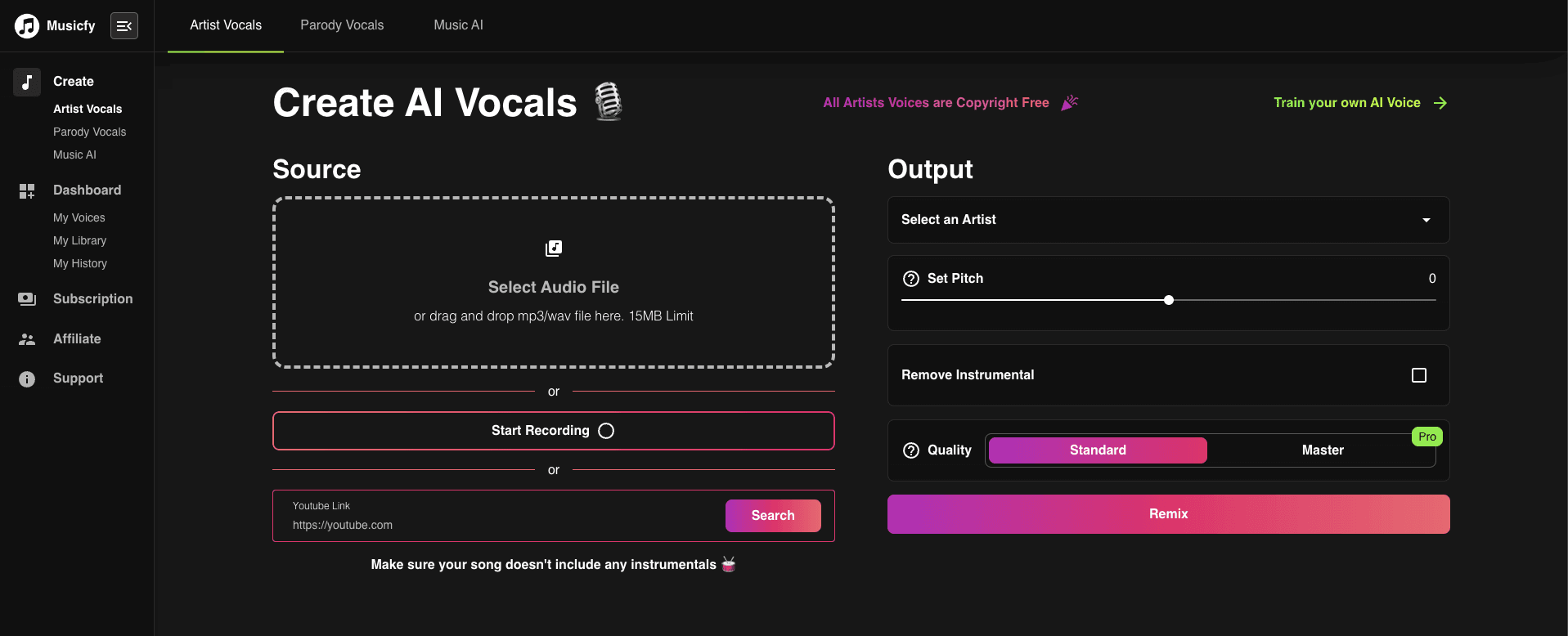 Musicfy's Free AI Singer Generator