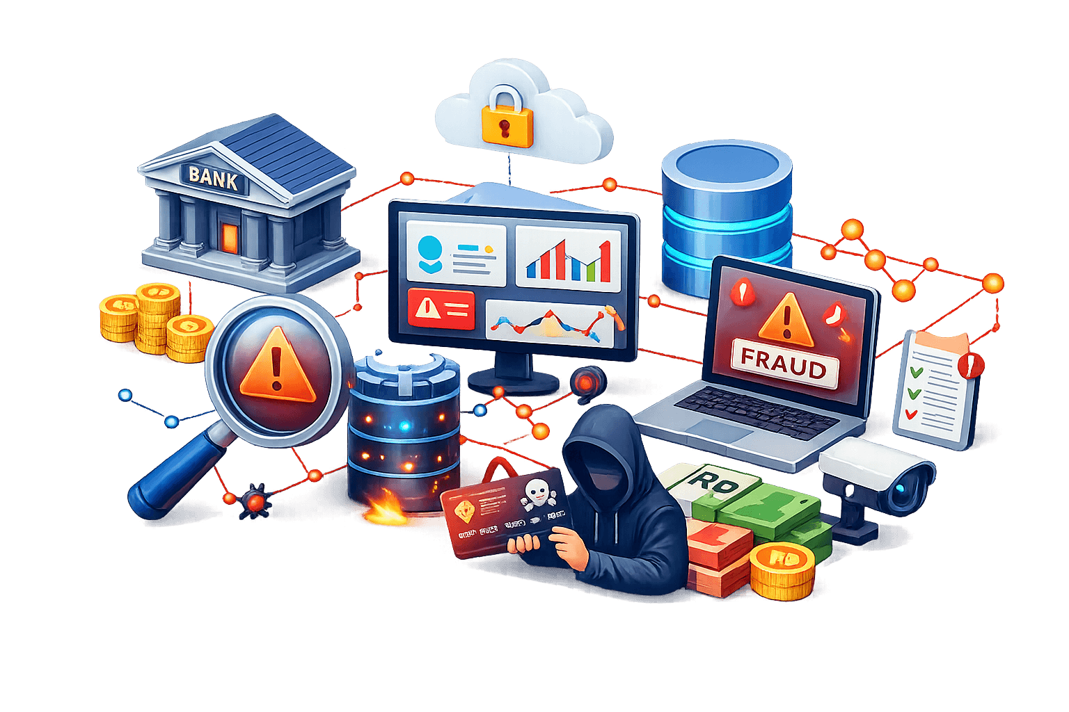 Ilustrasi fraud detection & monitoring pada sistem perbankan digital berbasis API. Di tengah, dashboard analitik menampilkan profil pengguna, grafik tren, dan ikon peringatan yang terhubung ke database dan cloud bergembok melalui jalur data. Di kanan, laptop bertuliskan “FRAUD” dengan segitiga peringatan menandakan transaksi mencurigakan, disertai checklist kepatuhan.  Di kiri, gedung bank dan tumpukan koin Rp merepresentasikan institusi dan aset. Di bagian bawah, peretas ber-hoodie memegang kartu kredit palsu melambangkan ancaman fraud, sementara kamera CCTV menunjukkan pengawasan. Kaca pembesar dengan ikon peringatan menegaskan proses investigasi. Visual menggambarkan deteksi fraud real‑time, analitik risiko, dan perlindungan aset keuangan end‑to‑end.