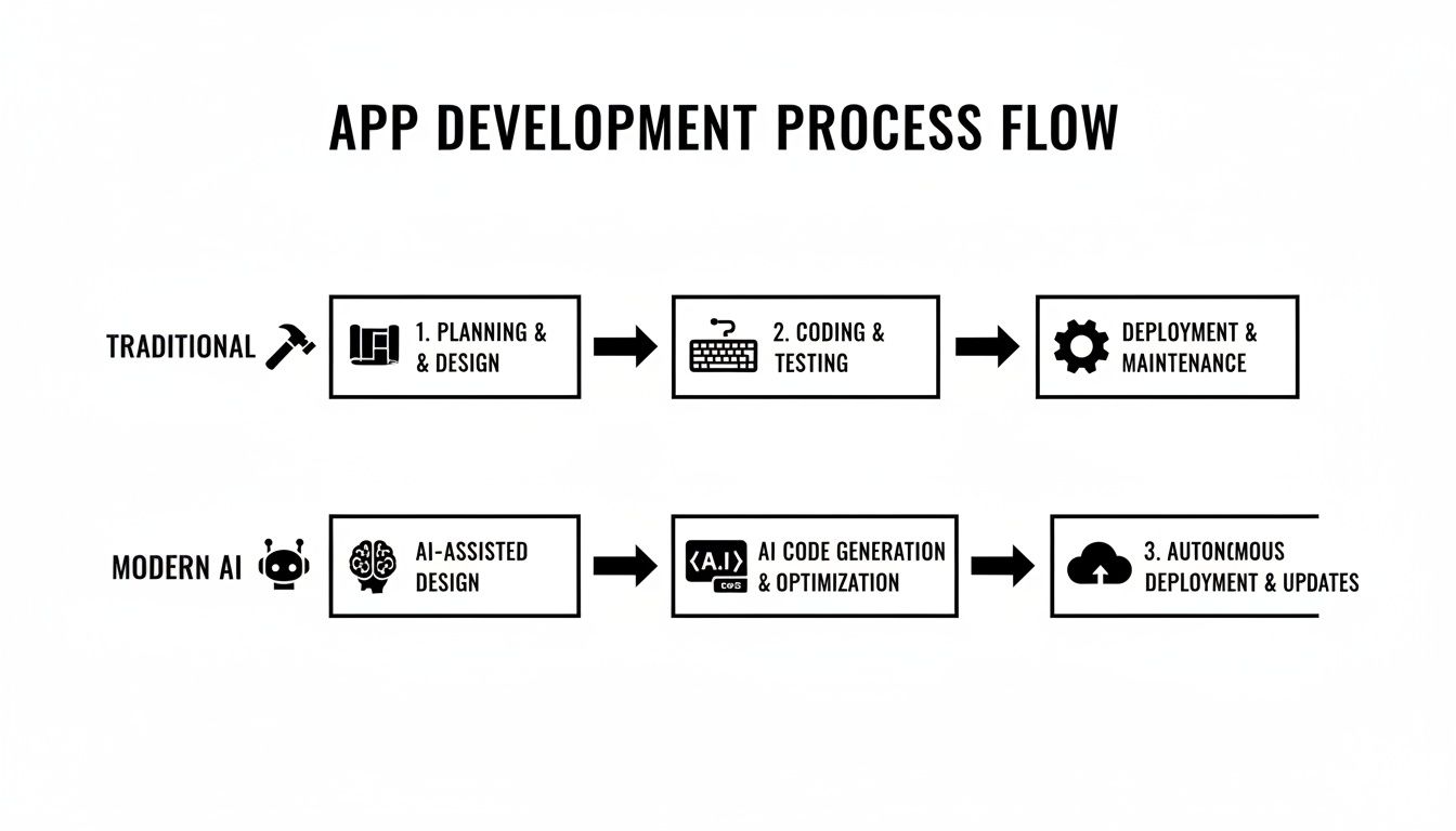 Flowchart comparing traditional versus modern AI app development, detailing steps from design to deployment and maintenance.