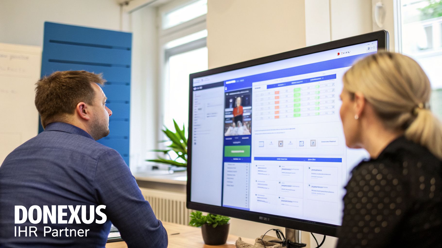 Zwei Kollegen betrachten gemeinsam einen Monitor mit einer Software-Anwendung in einem modernen Büro.