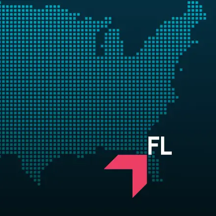 Map highlighting Florida with a red arrow, representing GIA Group, LLC truck insurance coverage area.