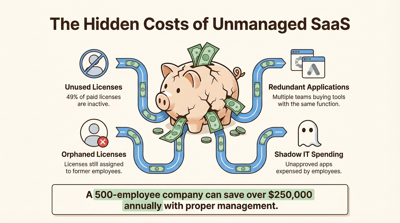 An infographic detailing the hidden financial costs of unmanaged saas license management, including inactive licenses and redundant applications.