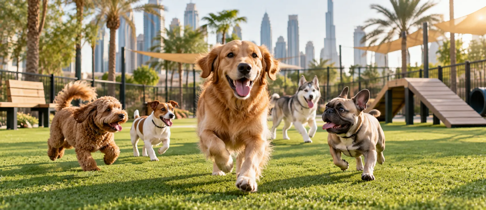 Dogs of different breeds running together on the grass at a Dubai dog park.