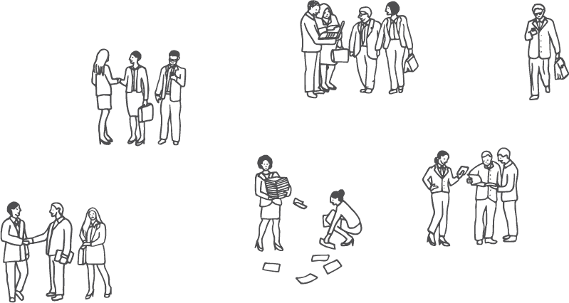 Simple line illustrations of small people in business leadership discussions