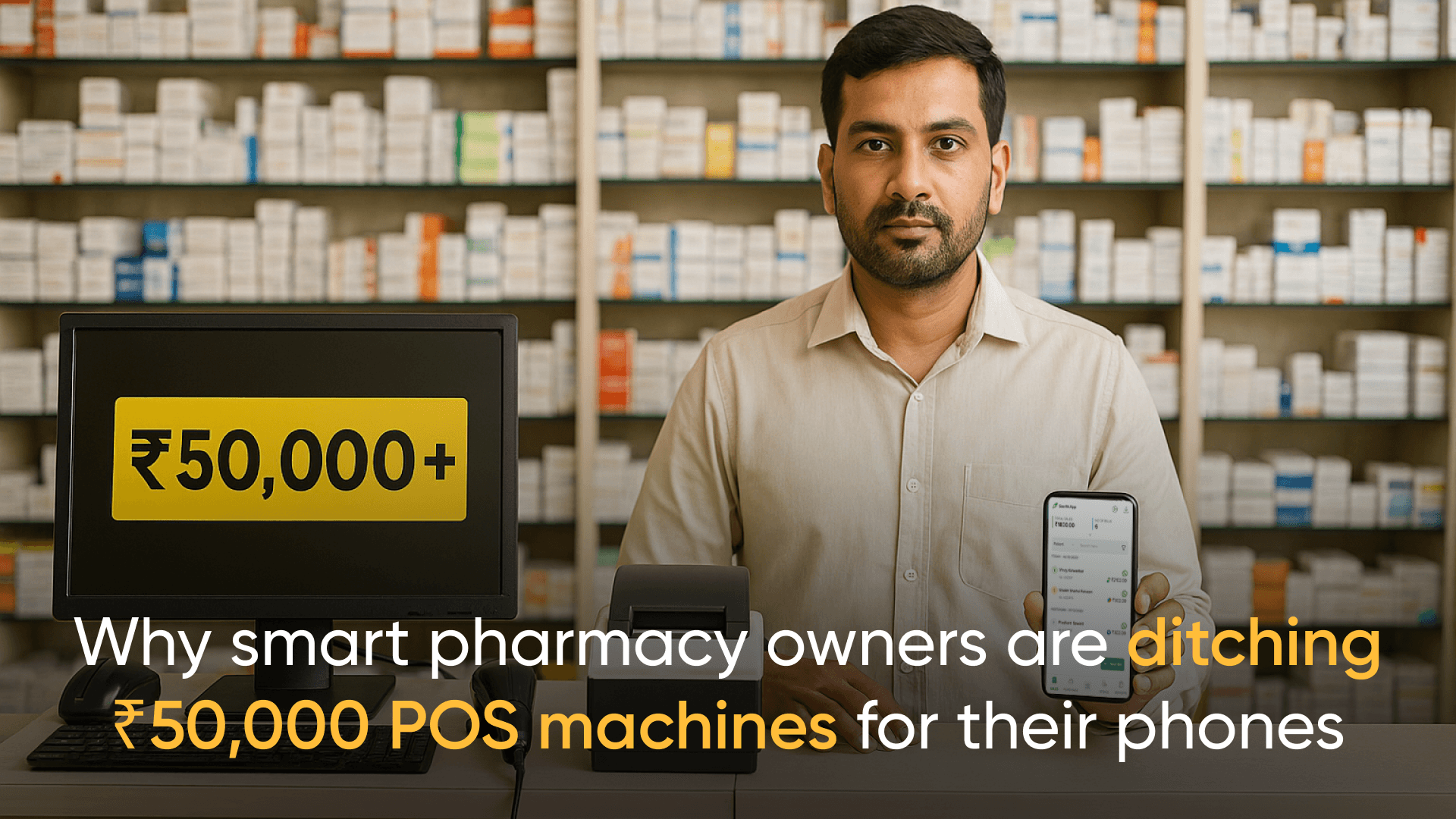 Smart pharmacy owner replacing expensive POS machine with a mobile point of sale (mPOS) system. The image shows the cost-effectiveness and convenience of using a smartphone for pharmacy billing and payments in India.