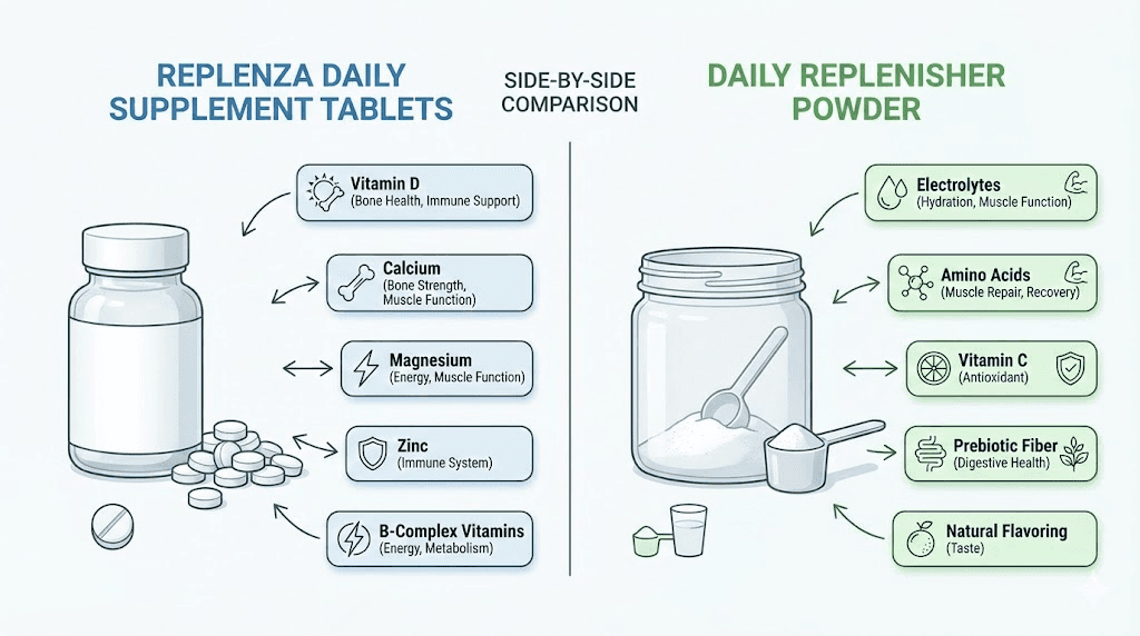 Replenza GLP-1 supplement system showing daily tablets and replenisher powder ingredients