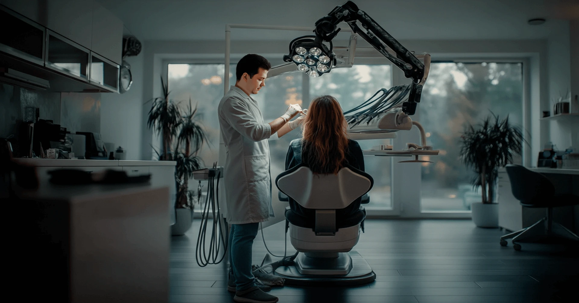 Atendimento odontológico em clínica moderna, com profissional realizando avaliação clínica em paciente