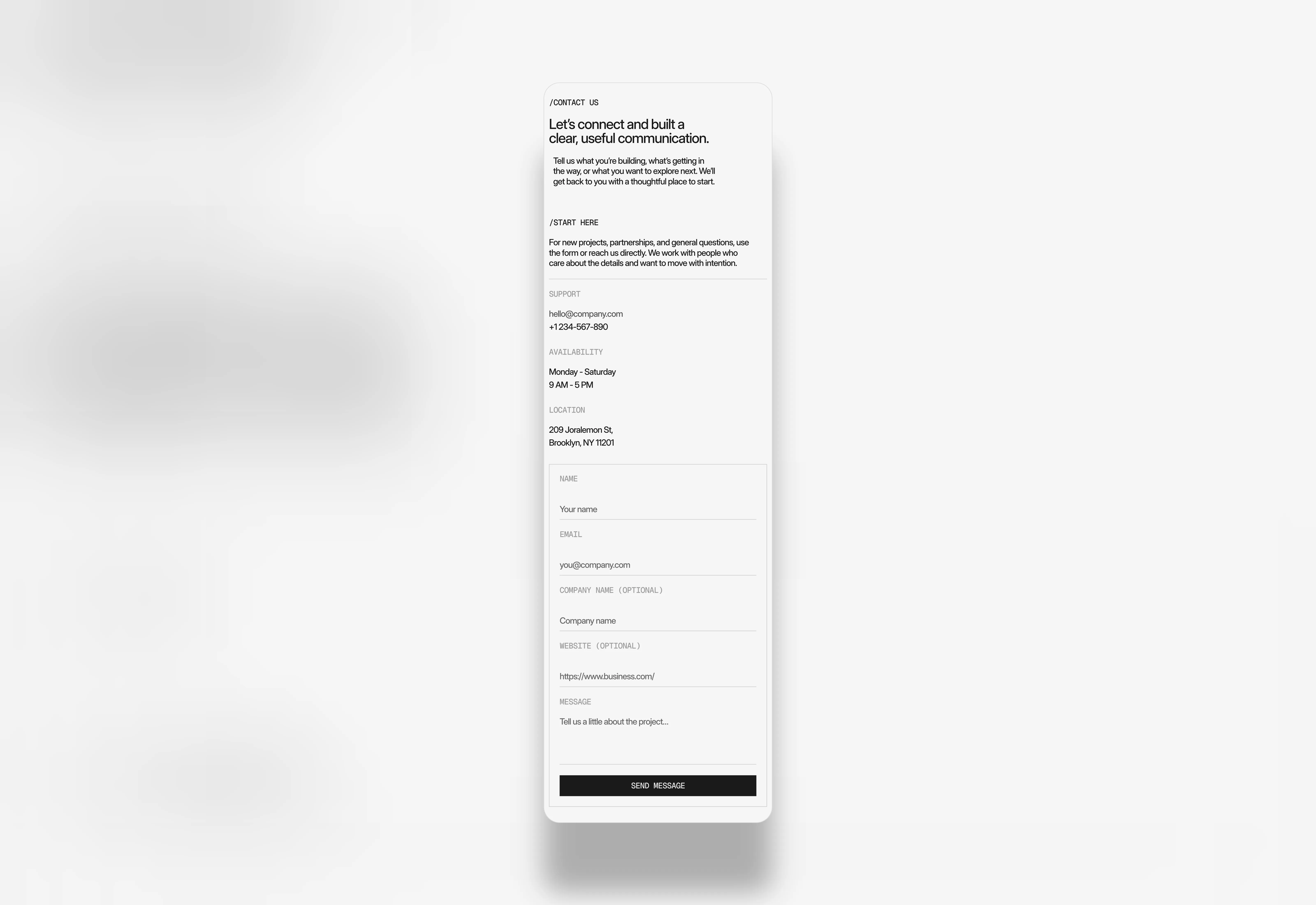 A light themed, minimal and bold style contact us page section with form features. The layout optimized for mobile devices.