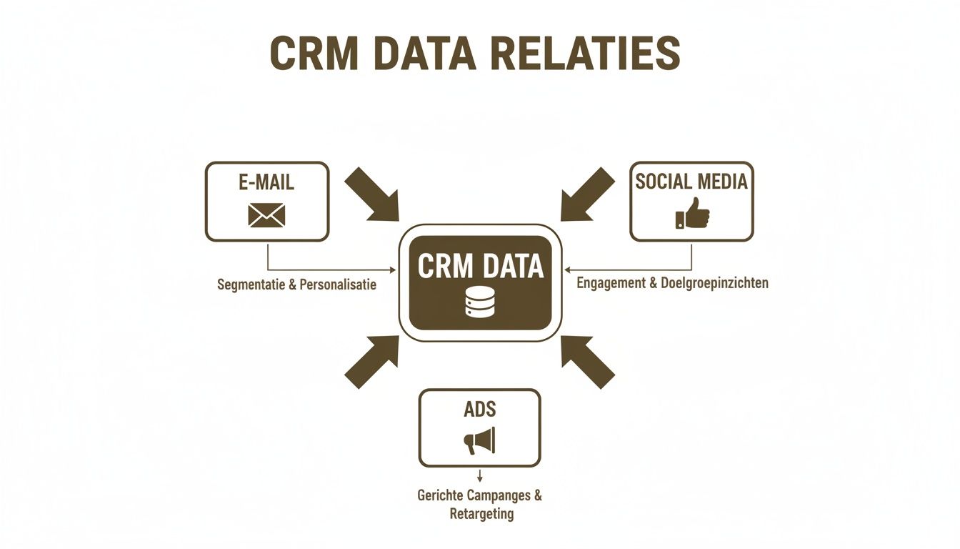 Een schematische weergave van CRM-datarelaties met e-mail, social media en advertenties voor gerichte marketing.