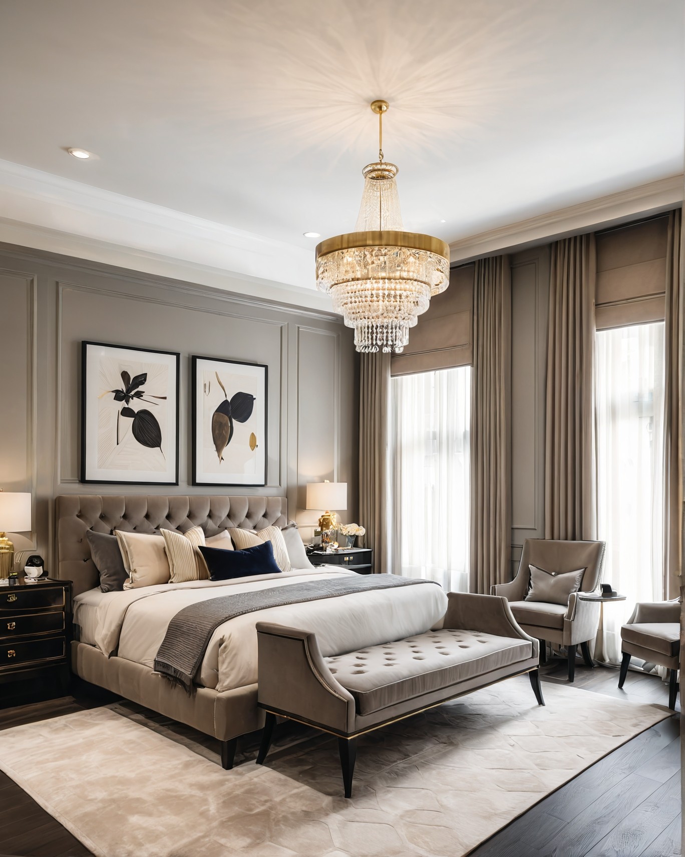 Modern classic living space with drapes, layered lighting, and natural wood textures.