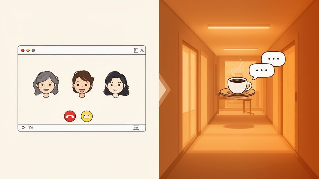 A split image showing a video call with three women on the left and a hallway with coffee and chat bubbles on the right.