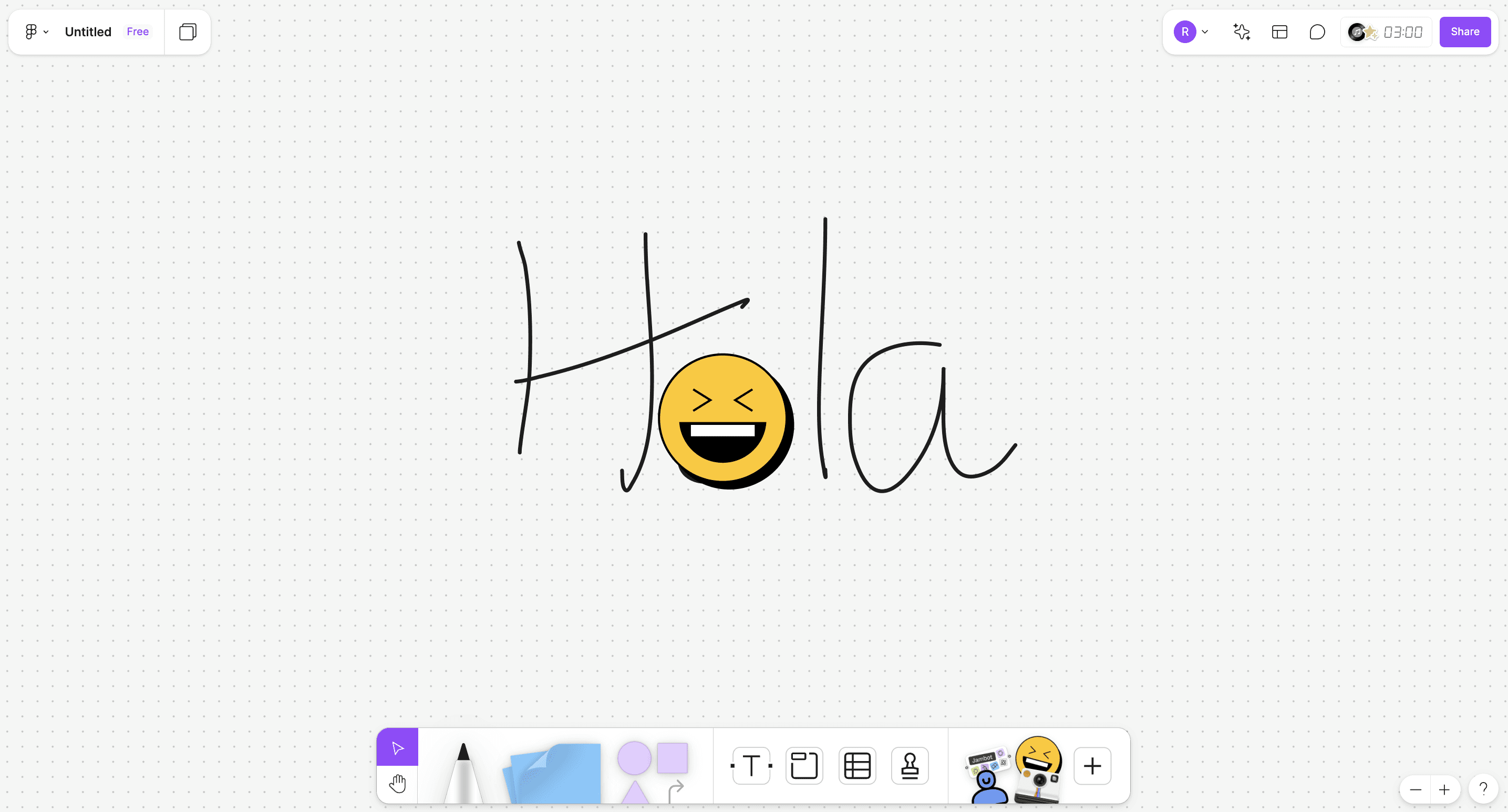 A white screen of FigJam that contains a text "Hola"