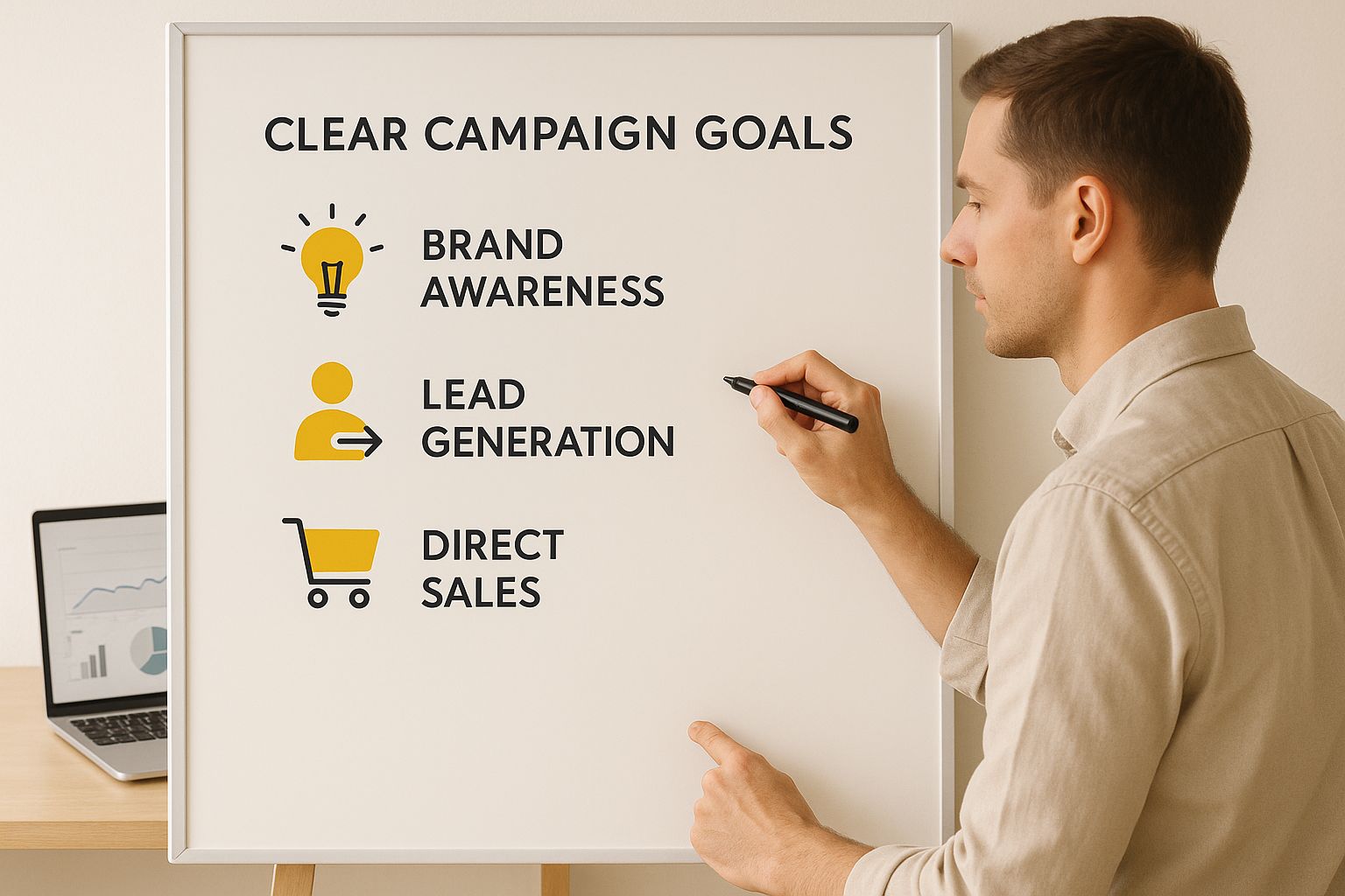 Infographic showing a marketing strategist writing campaign goals on a whiteboard with icons for brand awareness, lead generation, and direct sales.