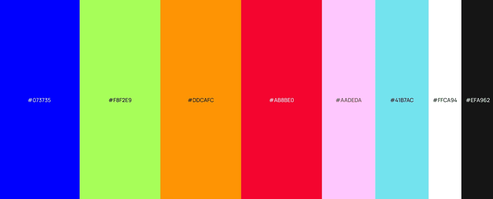 Palette de couleurs digitale composée de huit échantillons de teintes vives et modernes, affichant leur code hexadécimal. Les couleurs, de gauche à droite, sont : Bleu roi (#073735), Vert citron (#F8F2E9), Orange vif (#DDCAFC), Rouge vif (#A8B8E0), Rose pastel/clair (#AADEDA), Bleu ciel/Cyan (#41B7AC), Blanc pur (#FFCA94) et Noir (#EFA962). Cette palette audacieuse et contrastée est caractéristique d'une charte graphique dynamique, idéale pour le branding, le design web (UI/UX) et les projets de direction artistique qui nécessitent un impact visuel fort et moderne. Elle illustre l'étape de sélection de la charte chromatique dans le processus créatif de Nux-Studio.