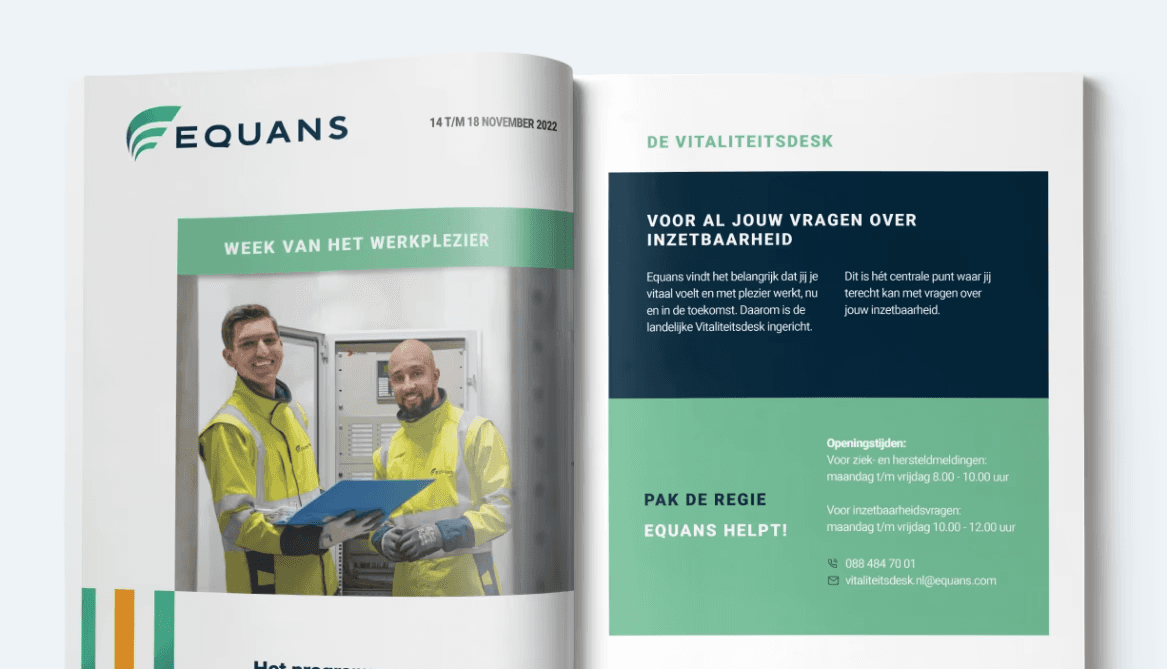 This image features an open brochure from Equans, showcasing two individuals in high-visibility work attire on the left page with the title "Week van het Werkplezier," while the right page contains contact information and a section titled "De Vitaliteitsdesk," providing details for inquiries about employability.