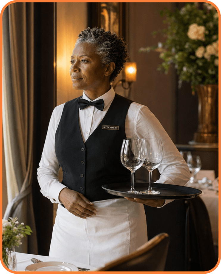 Server holding a tray of wine glasses in a restaurant