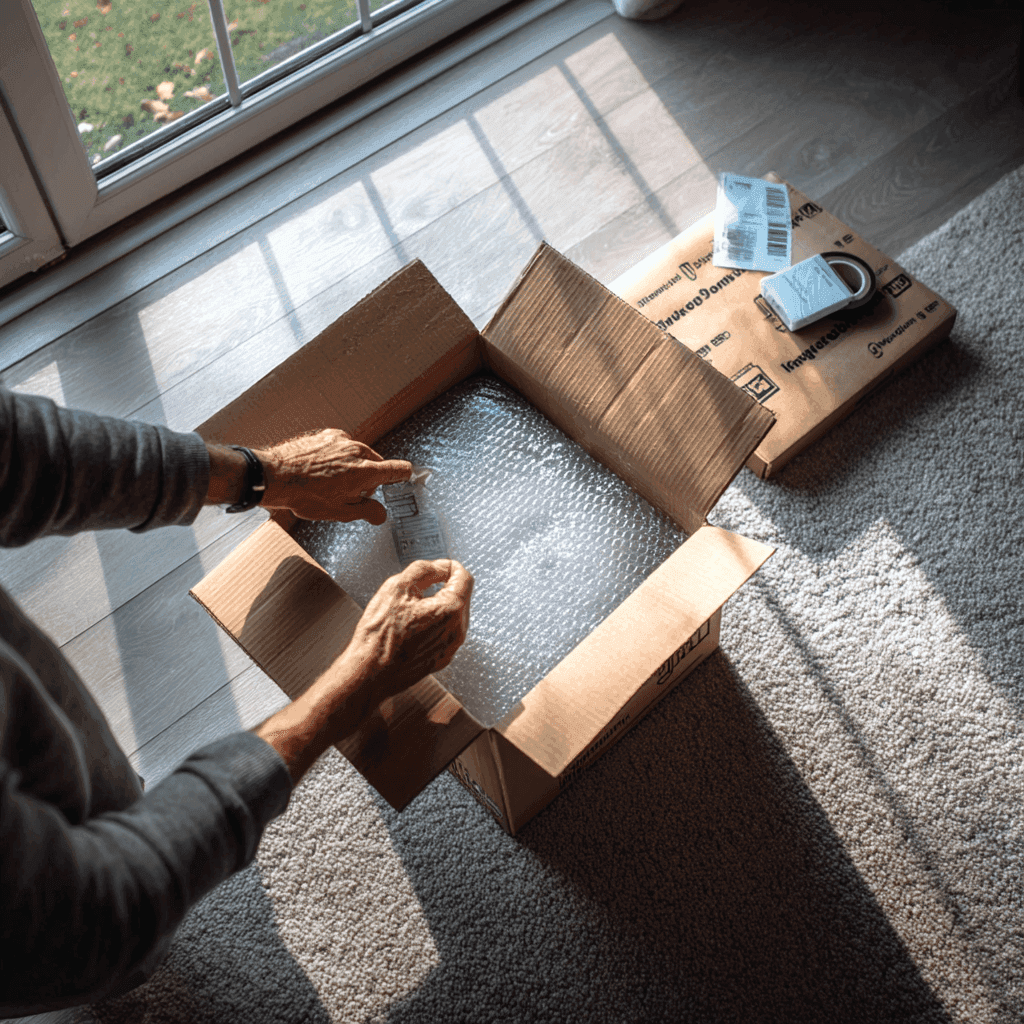A person’s hands are reaching towards an open cardboard box on a tiled floor near a window.