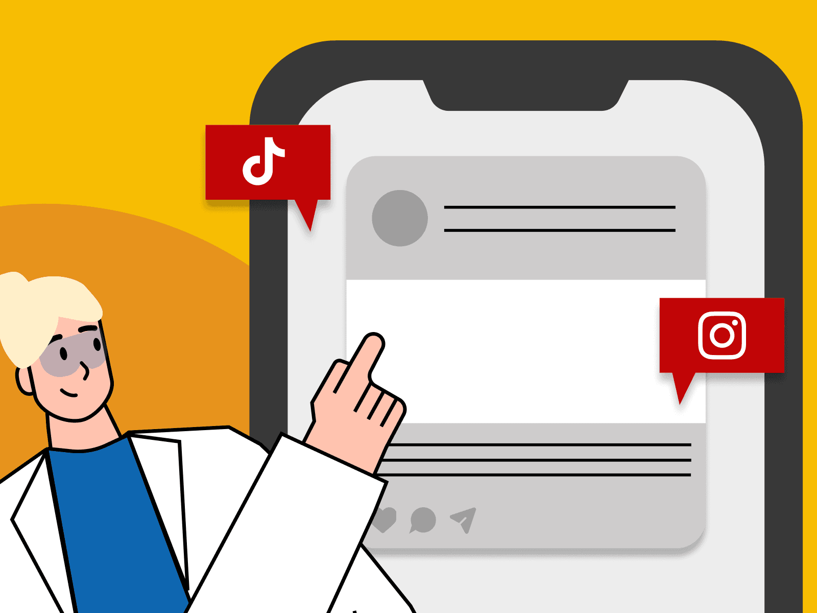 Illustration of a professional reviewing social media posts on a mobile interface, representing the history steps of a social media agency.