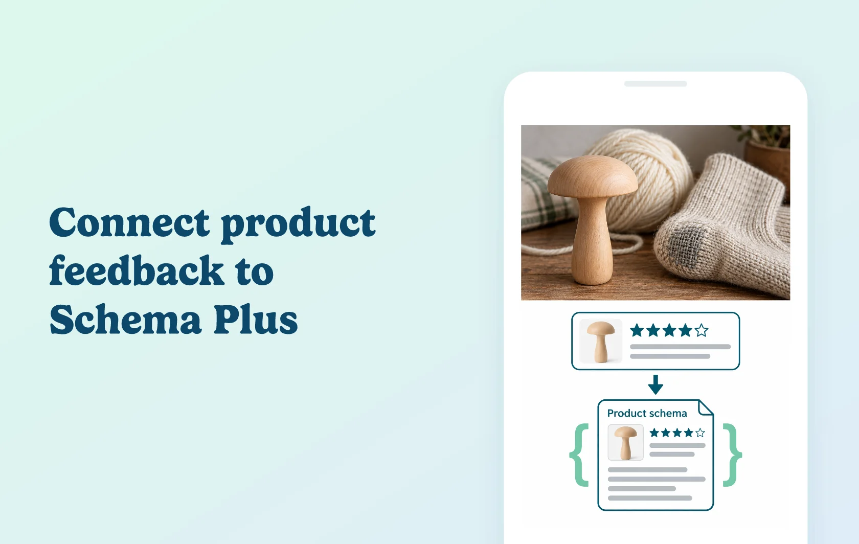Judge.me and Schema Plus for SEO integration: illustration of a darning mushroom and its product feedback connected to structured data.