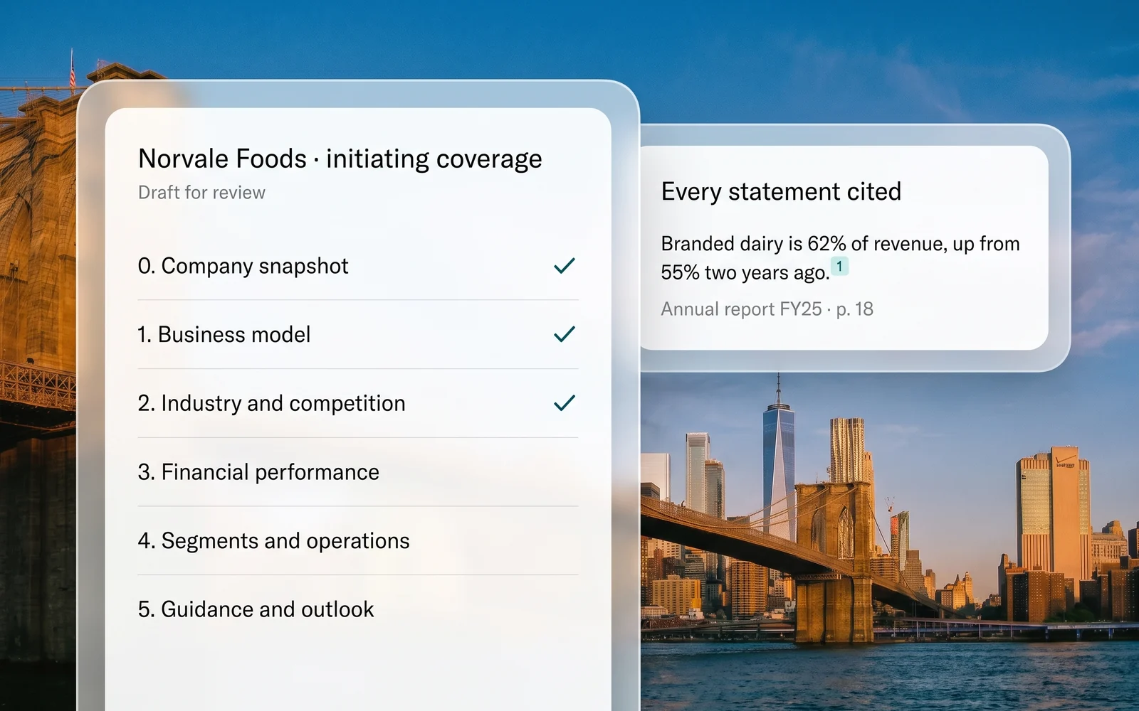 An initiating coverage draft written section by section, with a citation on every statement